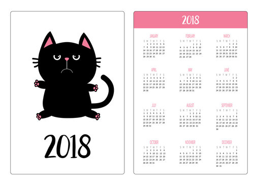Pocket calendar 2018 year. Week starts Sunday. Black cat icon. Kawaii animal. Cute funny cartoon character. Kitty kitten Baby pet collection. White background. Flat design
