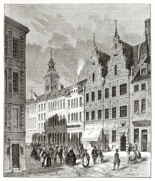 Ancient foreshortening of a elegant street with prestigious european buildings. Market Street in Amak island (Amager) Copenaghen Denmark. By Therond and Manini published on Le Tour du Monde Paris 1862