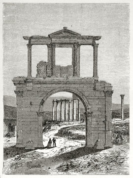 Ancient ruins of a big stone arch on a grassland and two little people beneath. The Hadrian's gate in Athens Greece. By Therond after photo by unknown author published on Le Tour du Monde Paris 1862