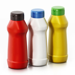 Ketchup, mayonnaise and mustard isolated on white background. 3D illustration