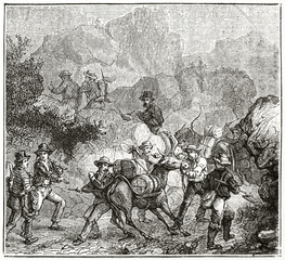 Ancient gold prospectors carrying their equipment using mules and barrels on a rocky land in California. By Chassevent  published on Le Tour du Monde Paris 1862