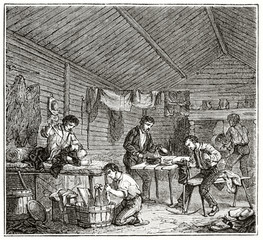 Ancient men indoor doing housework like washing and repairing clothes and shoes. By Chassevent published on Le Tour du Monde Paris 1862