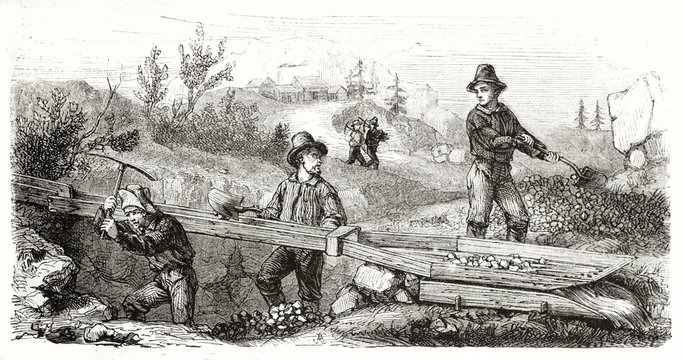 Ancient french gold miners in California working on the Long Tom (long washing box). Created by Chassevent after previous engraving by unknown author published on Le Tour du Monde Paris 1862