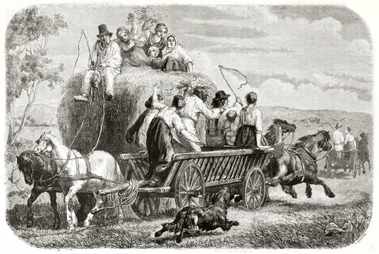 Old illustration of haymaking in Funen island, Denmark. Created by Frolik, published on Le Tour du Monde, Paris, 1862