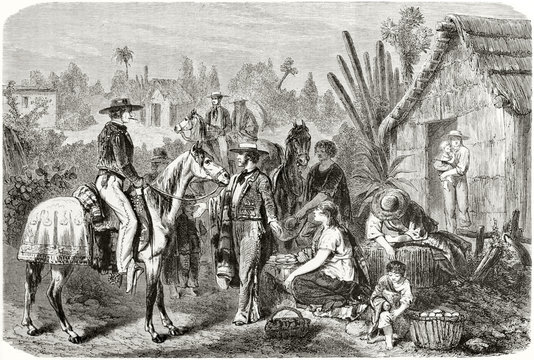 Ancient traditional mexican people in a typical outdoor context. Horseback, traditional costumes, houses and south american rural vegetation. Created by Riou on Le Tour du Monde Paris 1862