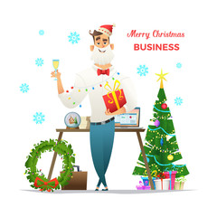 Man in Santa Claus hat, white shirt and collar, keeps a gift and drinks champagne. Christmas concept character design.