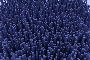 Obraz premium 3d-Illustration einer Struktur, die einer futuristischen Stadt ähnelt, und die aus hunderten von blauen, länglichen Quadern mit quadratischer Grundfläche besteht