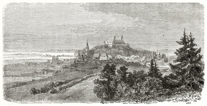 Ancient medieval village surrounded by nature with an abbey on top center. Horizon is viewable in the distance. Plan northern Germany. Created by Guaiaud published on Le Tour du Monde Paris 1862