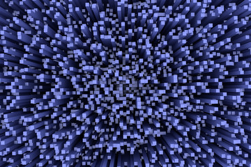 3d-Illustration einer Struktur, die einer futuristischen Stadt ähnelt, und die aus hunderten von blauen, länglichen Quadern mit quadratischer Grundfläche besteht