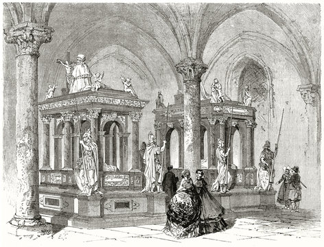 Two monumental tombs with several statues in a church. Royal burials in Roskilde cathedral Denmark. Created by Therond published on Le Tour du Monde Paris 1862