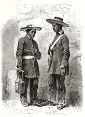 Fototapeta na wymiar Old illustration of two Serenos (nocturnal watchmen in Mexico city) in their uniform equipped with lantern and gun. By Riou and Maurand published on Le Tour du Monde Paris 1862