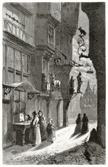 Ancient people in a dark medieval city alley are waiting in front of a bakery little window in Ulm, Germany. Published on Le Tour du Monde Paris 1862