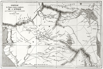 Fototapeta na wymiar Old graytone topographic map of central Africa unexplored zones. After Lejean published on Le Tour du Monde Paris-1862