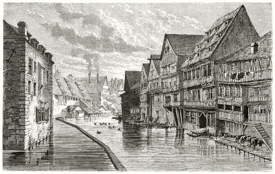 Typical ancient medieval context of a city built around a canal with its sloping roofs wooden houses. Old view of tanneries in Ulm Germany. By Lancelot and Dumont published on Le Tour du Monde 1862