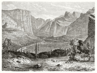 Large american valley of Yosemite, California, with its strong high mountains on background. Created by Huet after previous gravure by unknown author published on Le Tour du Monde Paris 1862