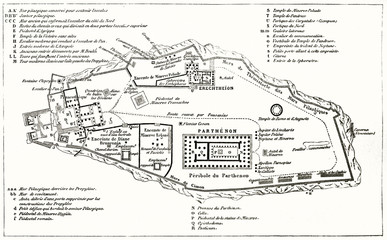 Old plan of the Acropolis Athens. Top schematic view with the legend symbols on each corner. By unidentified author published on Le Tour du Monde Paris 1862