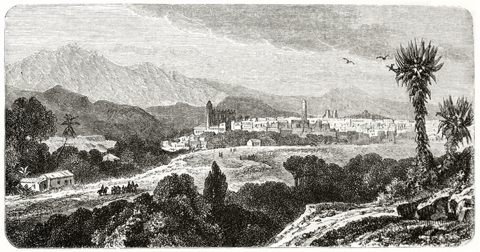 Large view of the path leading to Xalapa, Mexico, with central american vegetation foreground and the town in background. Created by De Berard after Niebel published on Le Tour du Monde Paris 1862