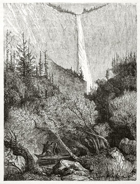 Deep american forest vegetation and Yosemite waterfalls on background, California. Created by Huet after photo by unknown author published on Le Tour du Monde Paris 1862