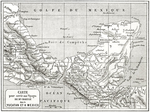 Yucatan gray tone topographic old map, Mexico. Created by Erhard and Bonaparte published on Le Tour du Monde Paris 1862