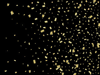 Golden Tinsel Flying Confetti. Christmas, New Year, Birthday Party Background. Holidays Creative Luxury VIP Confetti Decoration. Gold Glitter, Sparkling Rich Border. Elegant Texture, Golden Tinsel.