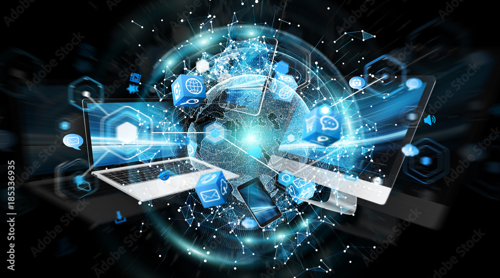 Poster Modern digital devices connected to each other 3D rendering