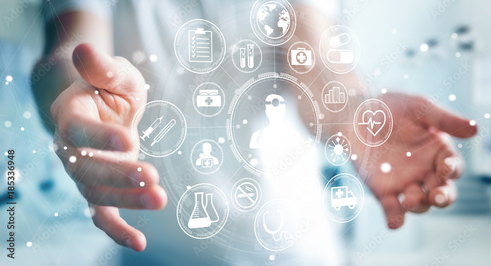 Poster businessman using modern medical interface 3d rendering