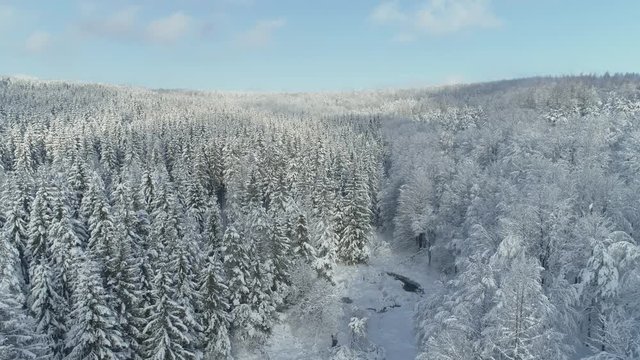 Aerial shot along the river among the Carpathian Mountains in winter 4K