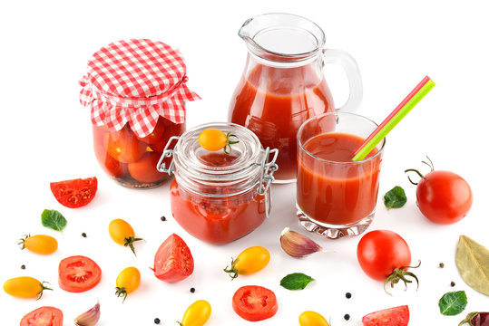 Tomato juice, ketchup and tomato isolated on white background
