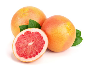 grapefruit and slices with leaves isolated on white background