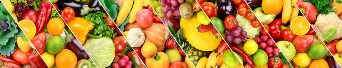Naklejka na ściany i meble Collection fresh fruits and vegetables background. Collage. Wide photo .