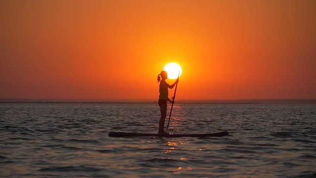 Silhouette of a young woman on a paddle board