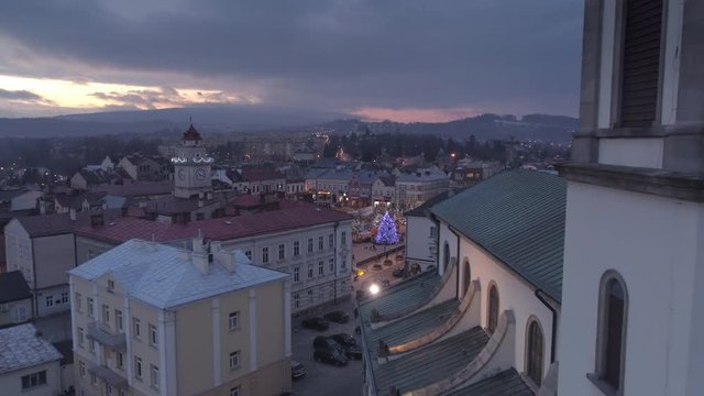 Aerial view of Christmas town and tree
