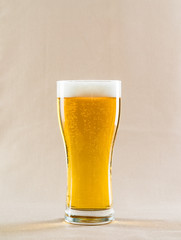 glass of light beer on light background