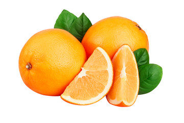 Orange with slice and leaf isolated on the white background