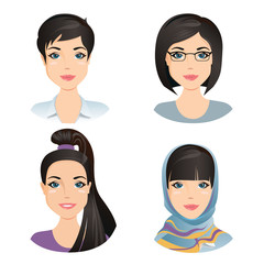 Different female hairstyles. For the young adult, middle aged woman with black hair, / flat design, vector cartoon illustration
