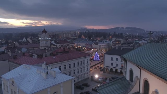 Aerial view of Christmas town and tree