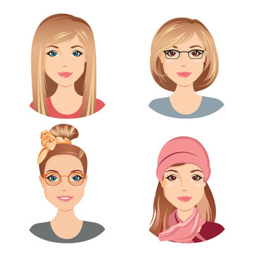 Different female hairstyles. For the young adult, middle aged woman with brown hair, / flat design, vector cartoon illustration