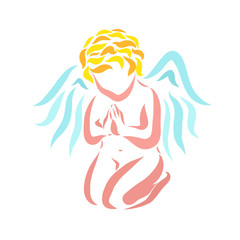 A little cute angel is praying on his knees