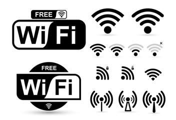 Set of free WiFi and zone sign. Remote access and radio waves communication symbols. Vector illustration. Isolated on white background - obrazy, fototapety, plakaty
