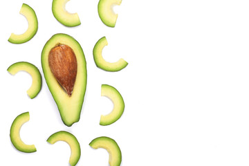 avocado slices isolated on white background with copy space for your text. Top view