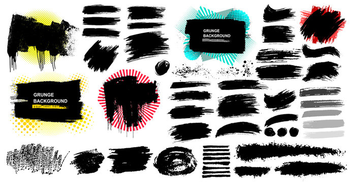 Set of hand painted brush strokes. Freehand drawing. Grunge brushes, dirty artistic. Creative design Elements. Perfect for logo, banner, icon, poster. Vector illustration. Isolated on white background