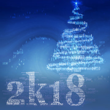 Modern concept  Happy New Year's card in style of programming and cryptocurrencies. 2018 is written as 2k18, made of words as bitcoin,  mining, and New Year tree from zero and units of binary code.