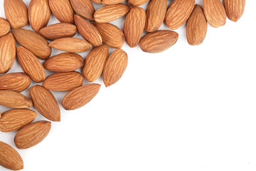 almonds isolated on white background with copy space for your text. Top view. Flat lay