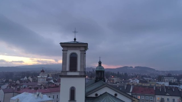 Aerial view of church and Christmas town 