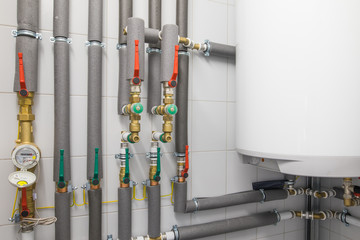 water heating system with green and red valves