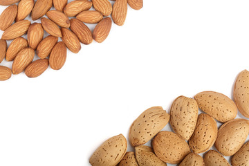 almonds isolated on white background with copy space for your text. Top view. Flat lay