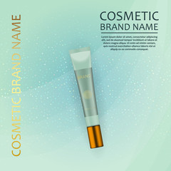 Vector 3D cosmetic illustration on a soft light waves background . Beauty realistic cosmetic product design template.