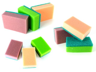 colorful kitchen sponges isolated on white background