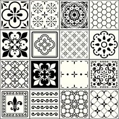 Tapeten Portugal Keramikfliesen Portugiesisches Fliesenmuster, Lissabon nahtlose Schwarz-Weiß-Fliesen, Azulejos Vintage geometrisches Keramikdesign