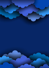 Blue paper cut clouds on dark background